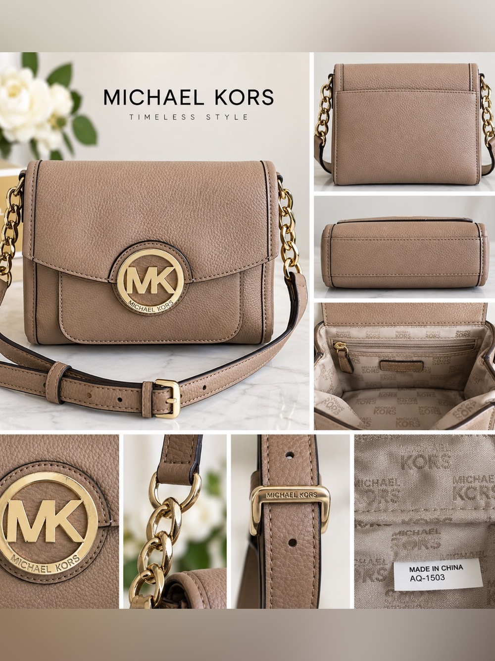 Michael Kors Taupe Pebbled Leather Crossbody Shoulder Bag Gold MK Logo Chain